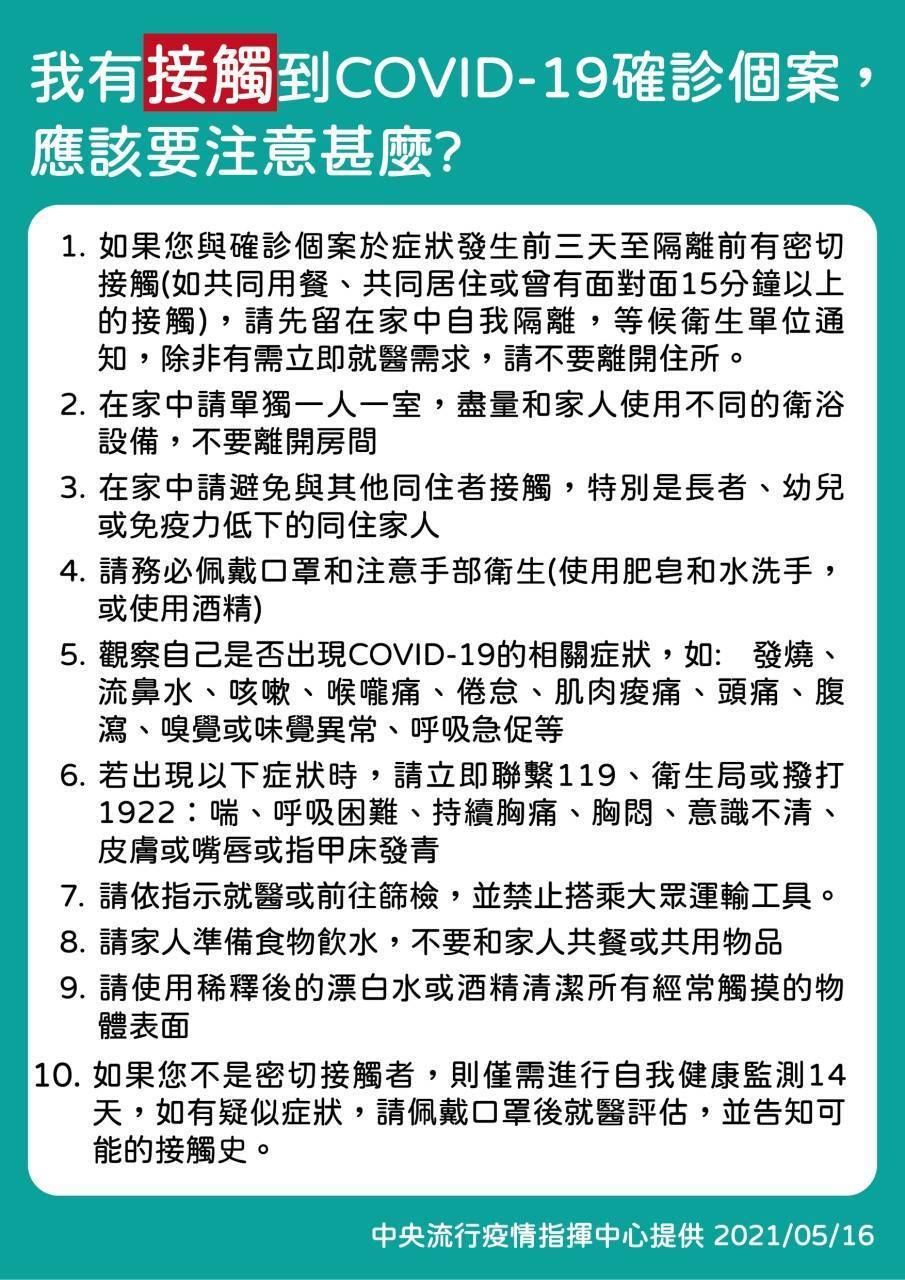 防疫公告】確診者，或接觸確診個案注意事項